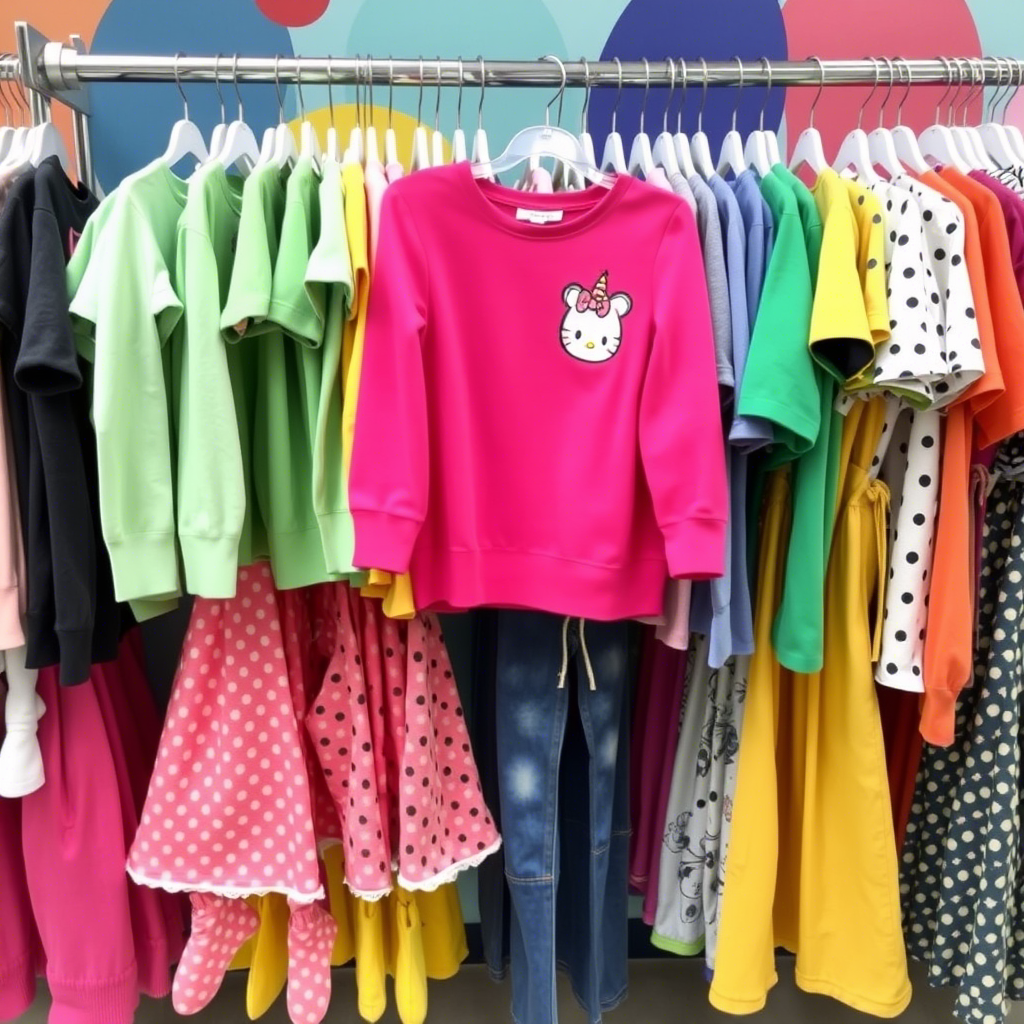 Wholesale kids clothing displayed on a rack with colorful background