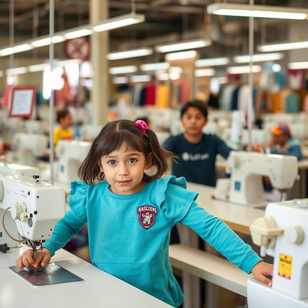 Wholesale kids clothing factory with rows of sewing machines