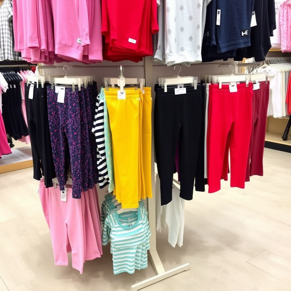 Wholesale kids clothing store display with various leggings and pants for sale
