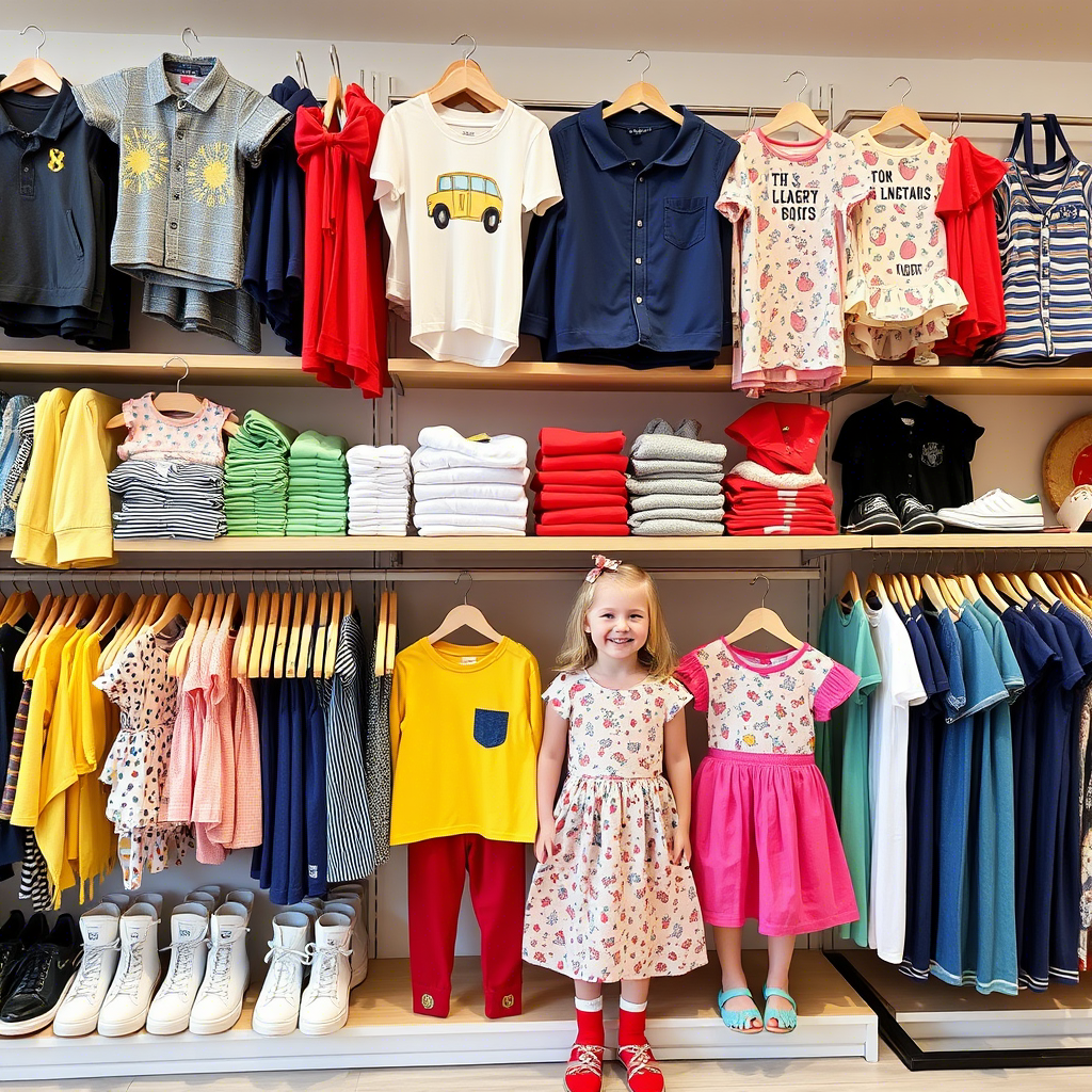 Wholesale kids clothing store with boy and girl outfits on display