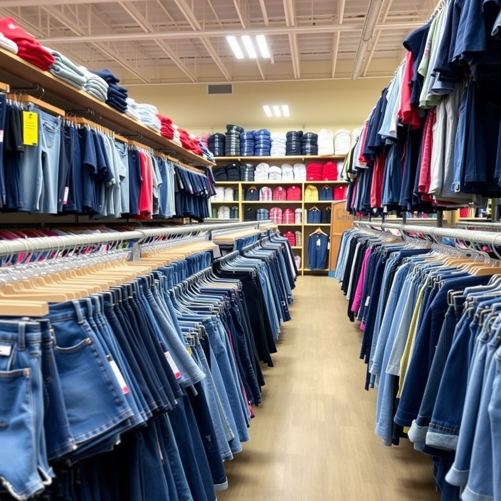 Wholesale kids’ clothing store with rows of jeans and shorts