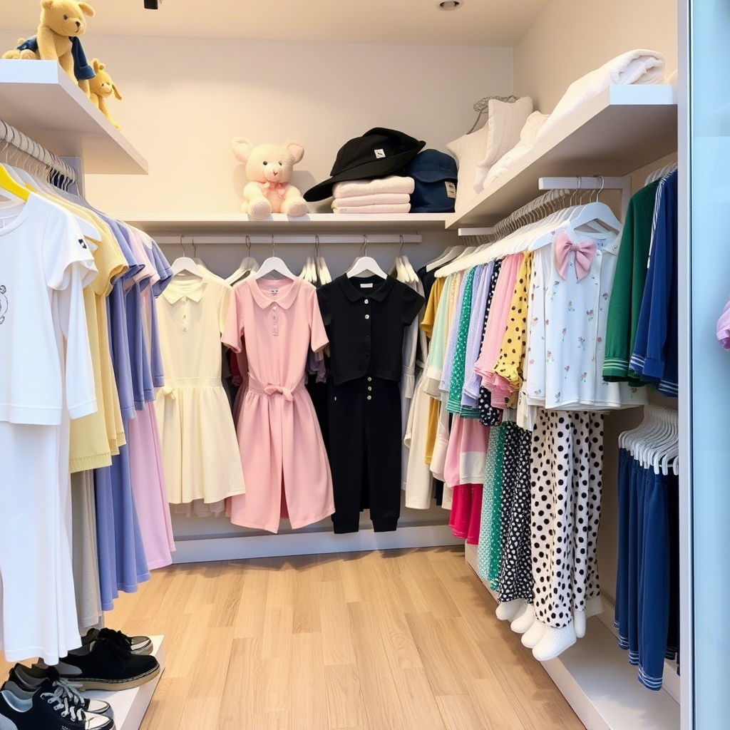 Wholesale kids clothing store with various toddler outfits on display