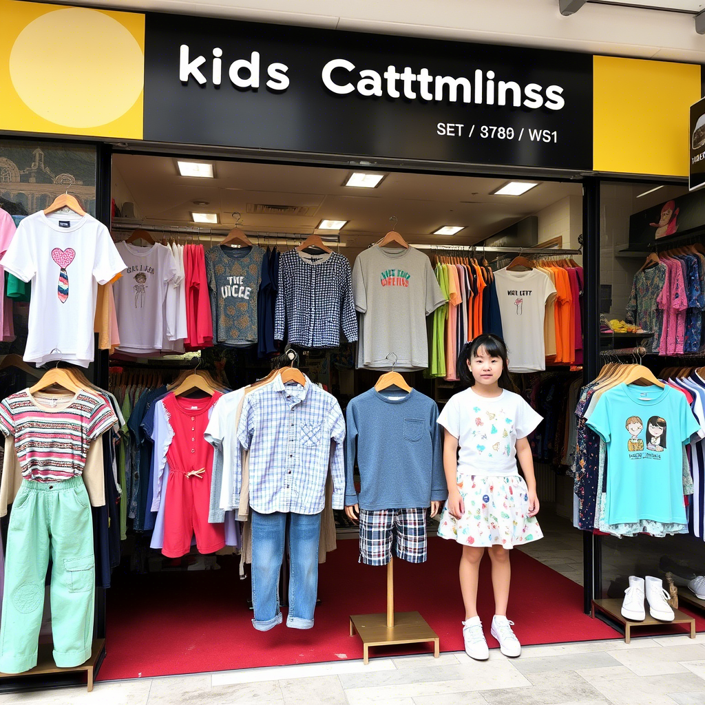 Wholesale kids’ clothing supplier storefront with diverse boy and girl outfits displayed