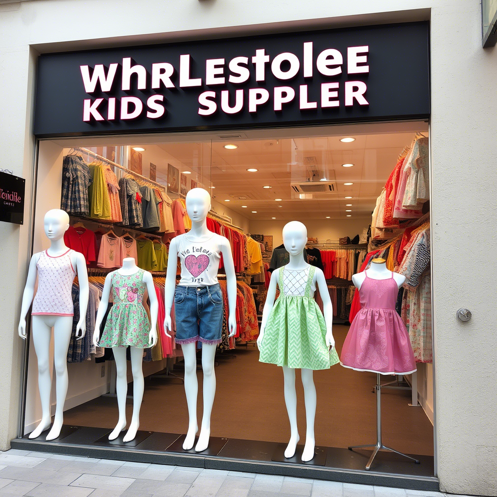 Wholesale kids clothing supplier storefront with mannequins