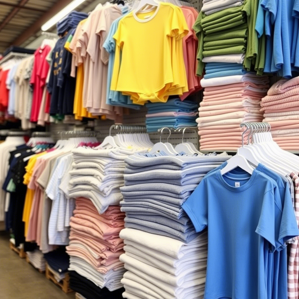Wholesale kids clothing supplier warehouse with neatly stacked garments