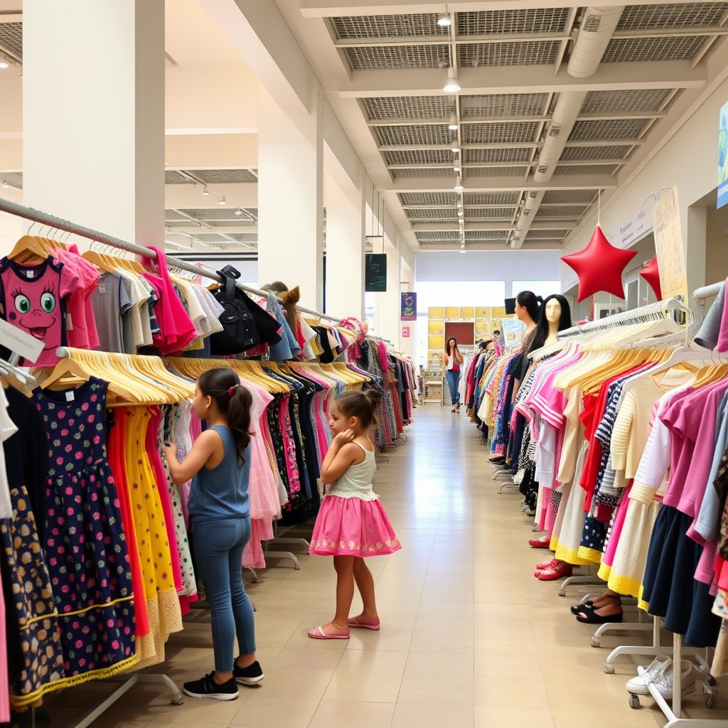 Wholesale kids clothing vendors showcasing outfits in a mall