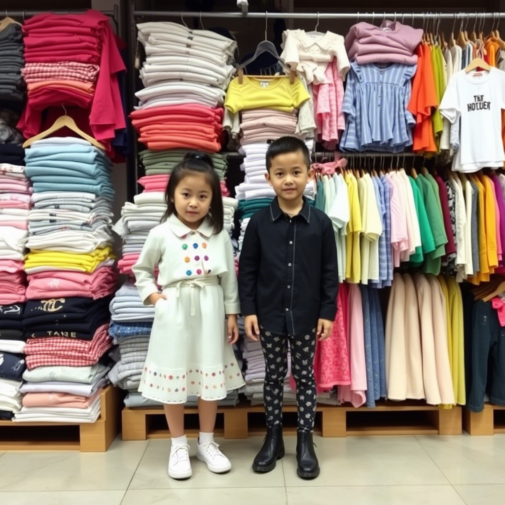 Wholesale kids’ clothing warehouse in China stacked with trendy outfits
