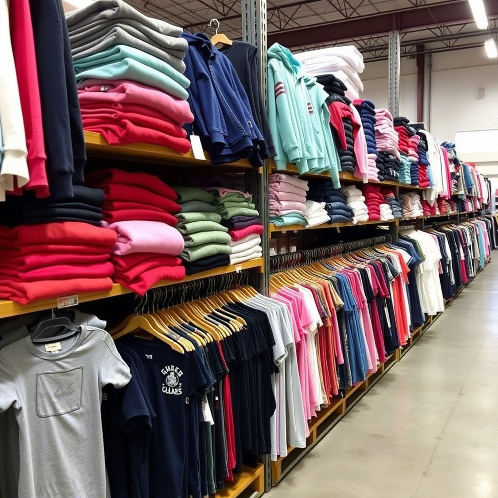Wholesale kids clothing warehouse in USA with stacked garments