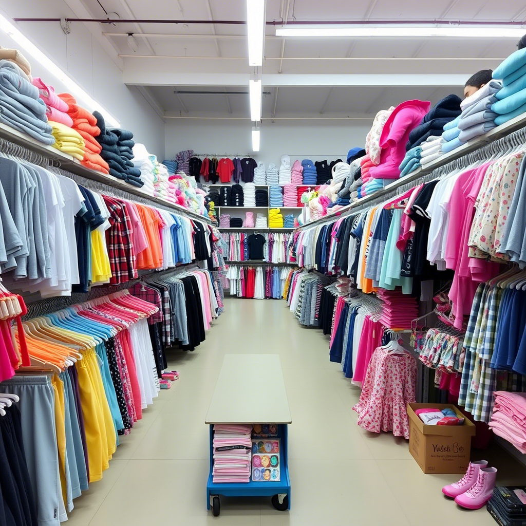 Wholesale kids clothing warehouse with neatly stacked apparel and accessories