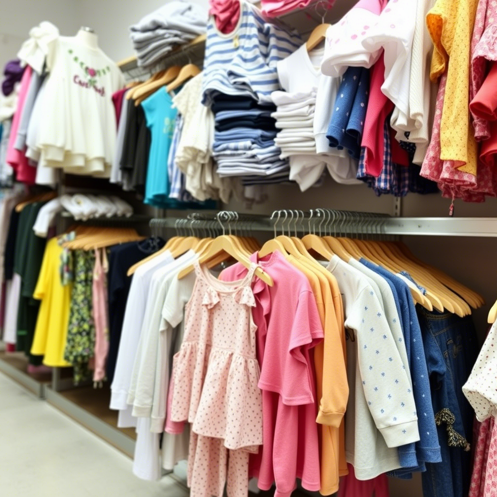 Wholesale kids’ clothing warehouse with neatly stacked fashionable outfits
