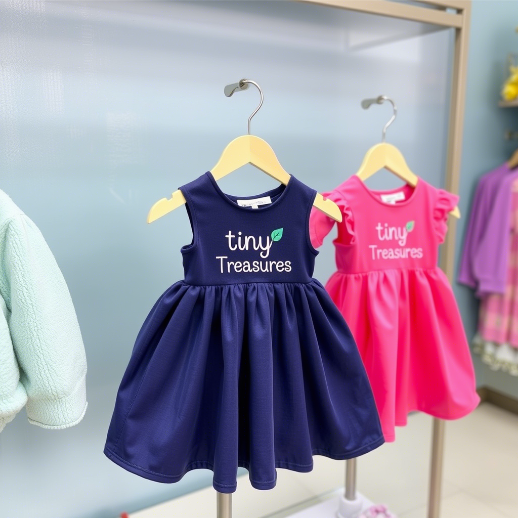 Wholesale kids’ clothing with “Tiny Treasures” logo on colorful dresses