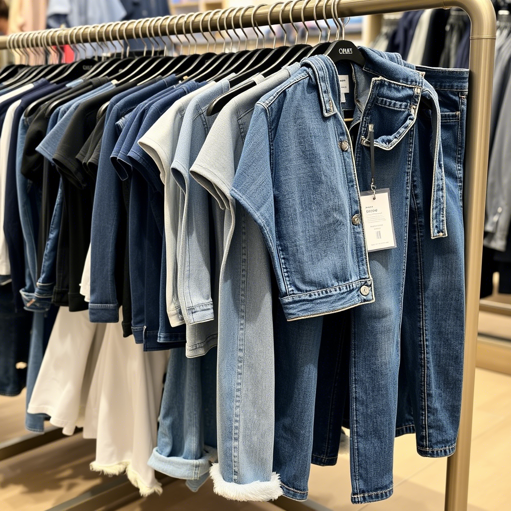 Wholesale kids denim clothing displayed on a rack