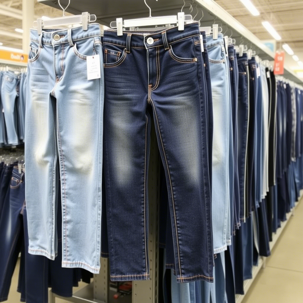 Wholesale kids denim pants displayed on a distributor’s shelf