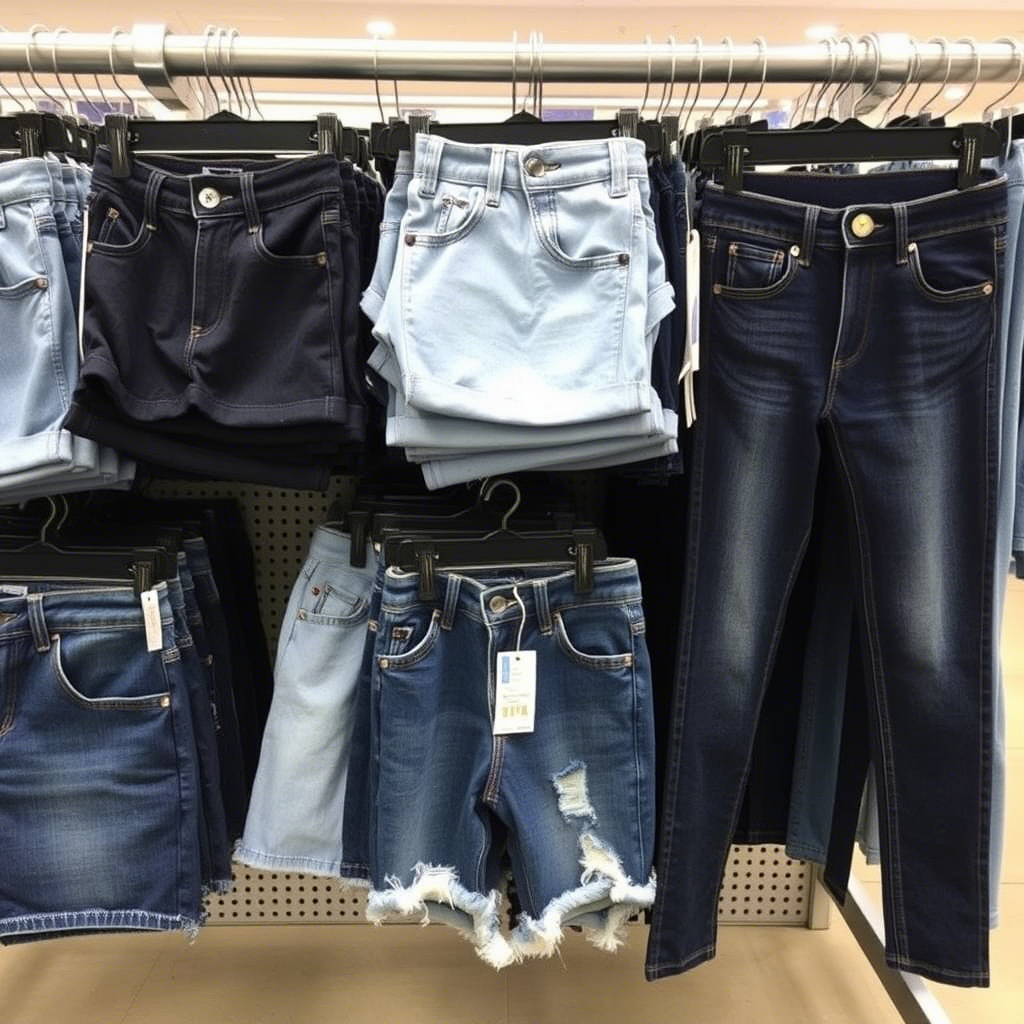 Wholesale kids’ denim shorts and jeans displayed on a store rack