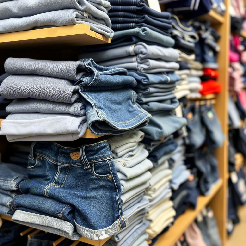 Wholesale kids’ denim shorts and jeans stacked on a store shelf
