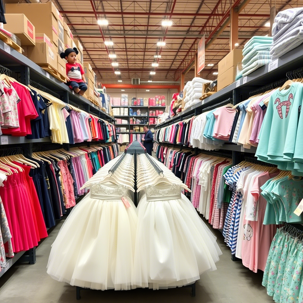 Wholesale kids fashion clothing arranged neatly on shelves in a large warehouse