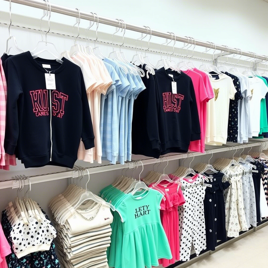 Wholesale kids’ fashion clothing arranged neatly on shelves with brand logos
