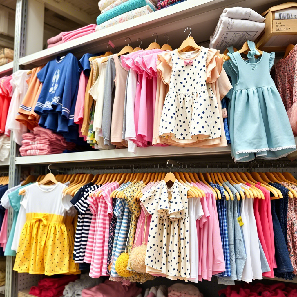 Wholesale kids’ fashion clothing arranged on a warehouse shelf