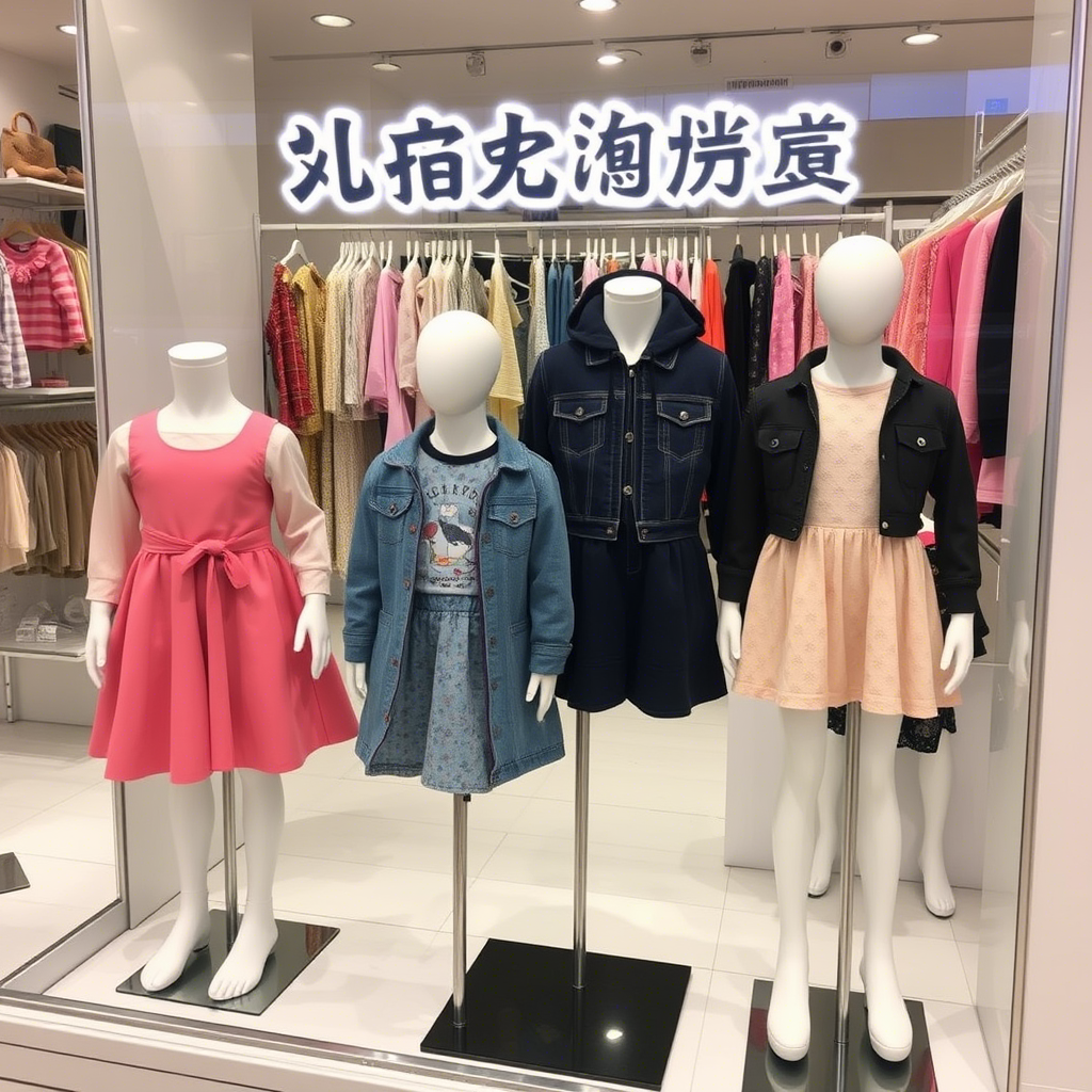 Wholesale kids’ fashion clothing displayed on mannequins in a Chinese storefront