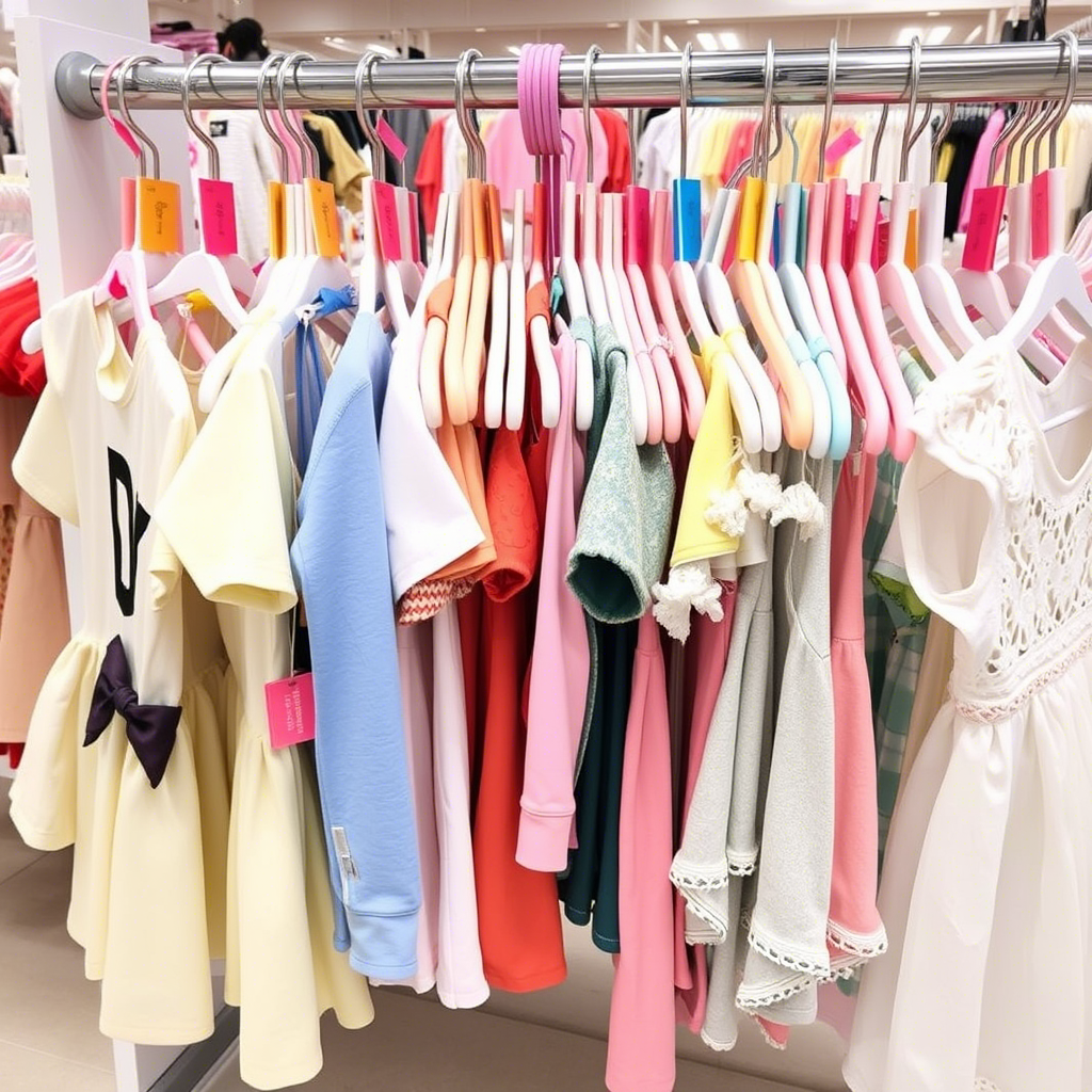 Wholesale kids fashion clothing hanging on racks with colorful tags