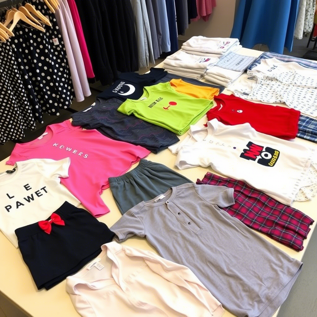 Wholesale kids fashion clothing laid out on a table for suppliers to review