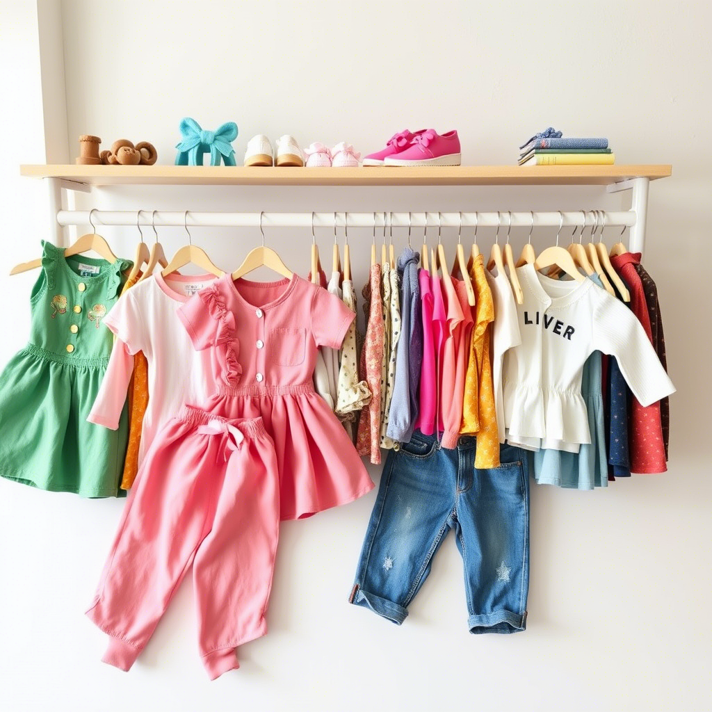 Wholesale kids’ fashion clothing laid out on a table