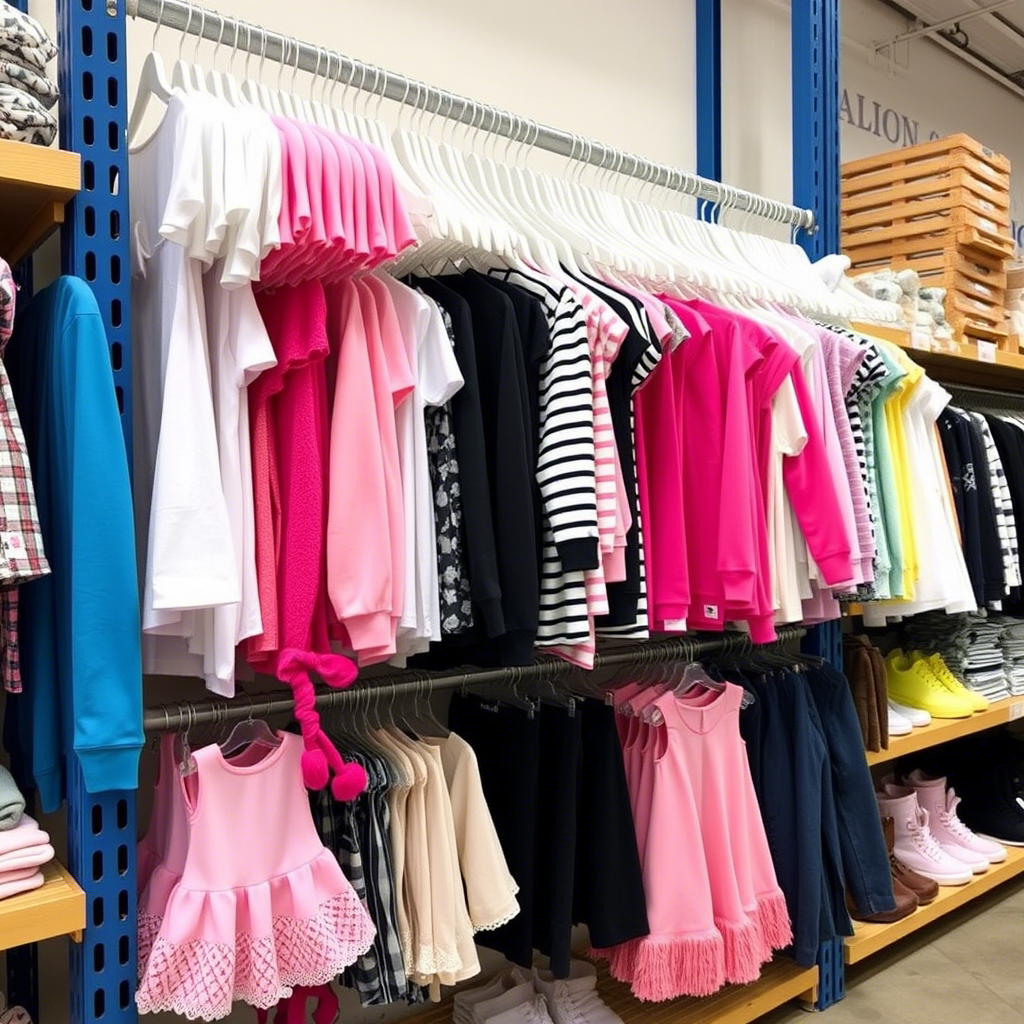 Wholesale kids’ fashion clothing neatly arranged on a warehouse shelf