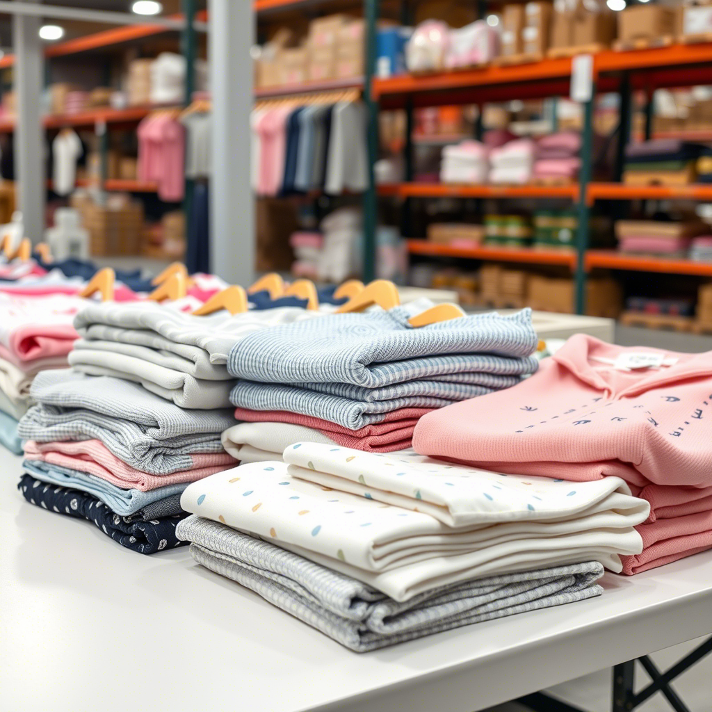 Wholesale kids fashion clothing neatly folded on a warehouse table