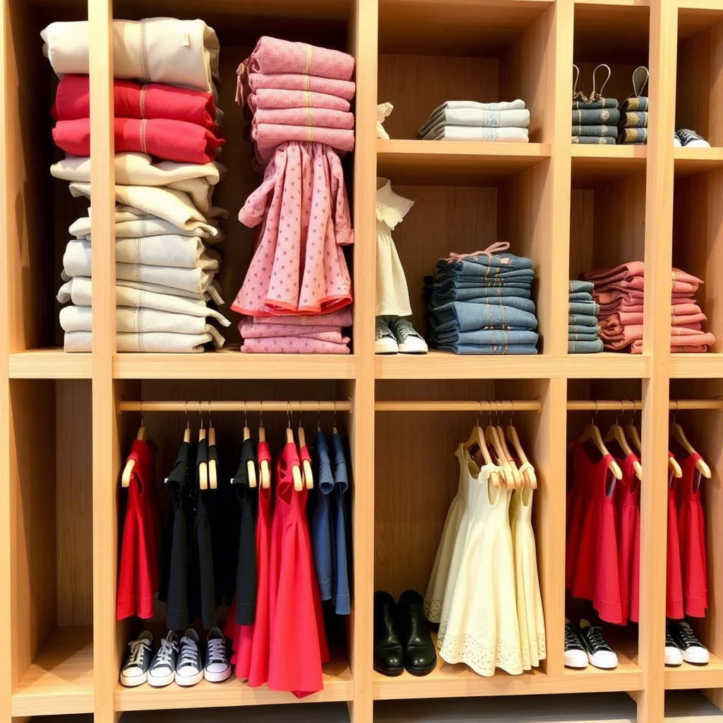 Wholesale kids fashion clothing neatly stacked on wooden shelves