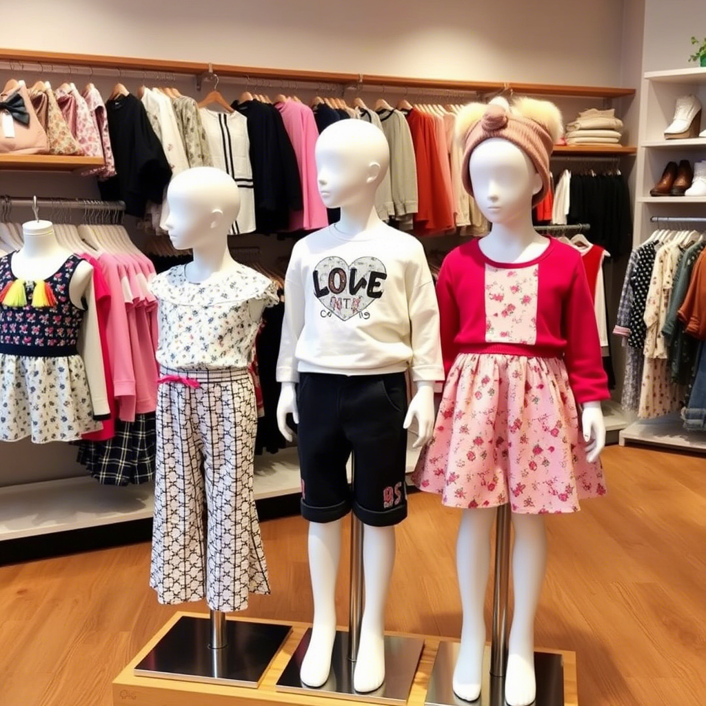 Wholesale kids fashion collection displayed on mannequins in store