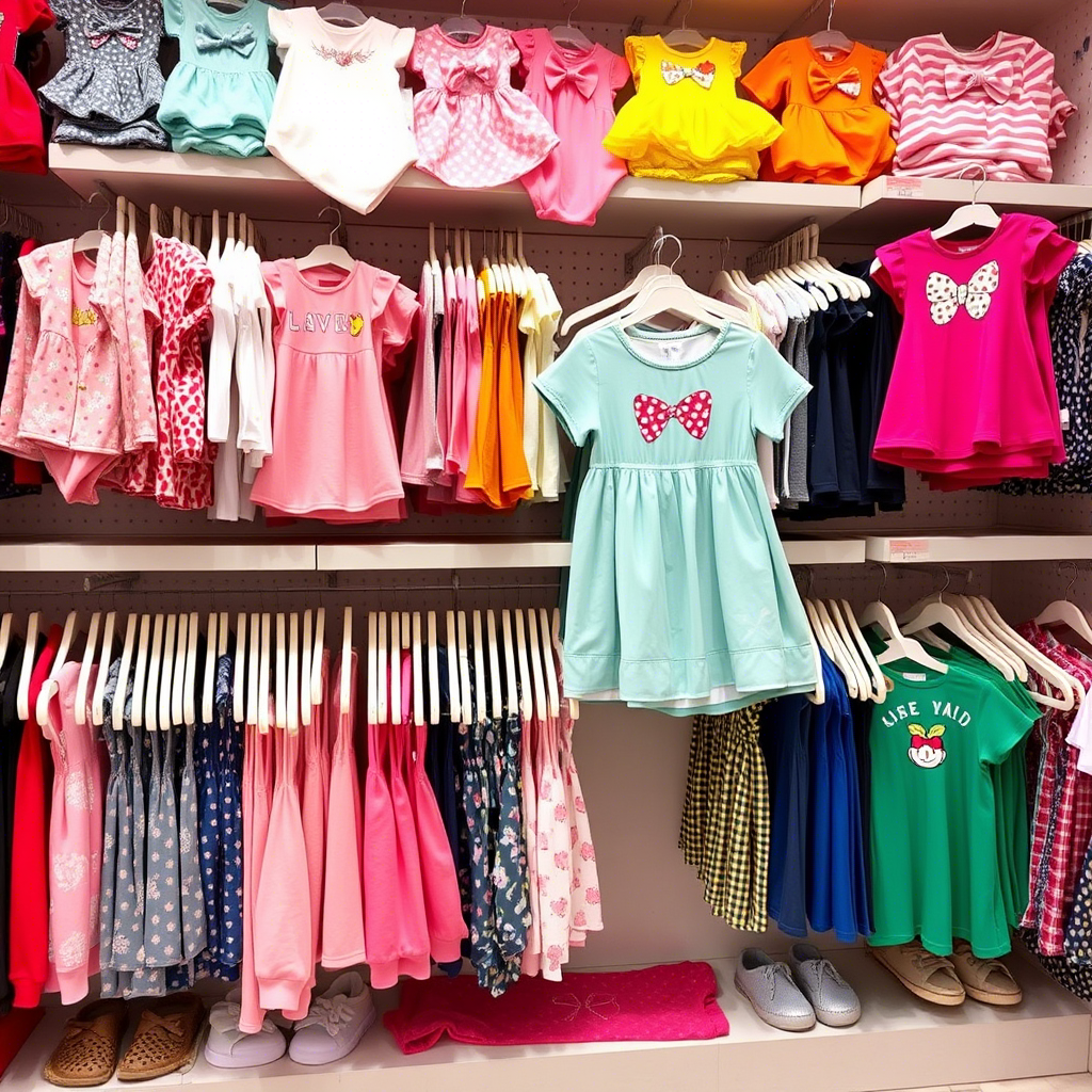 Wholesale kids fashion garments neatly arranged on shelves