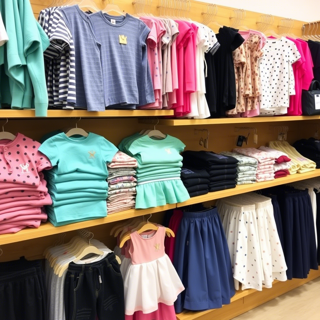 Wholesale kids’ fashion garments stacked on wooden shelves