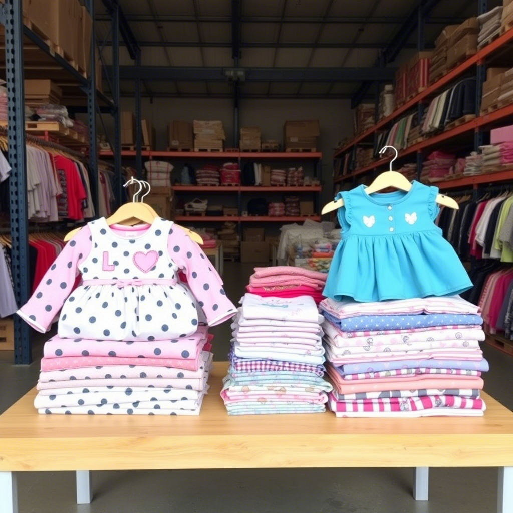 Wholesale kids’ fashion items neatly stacked on a warehouse table