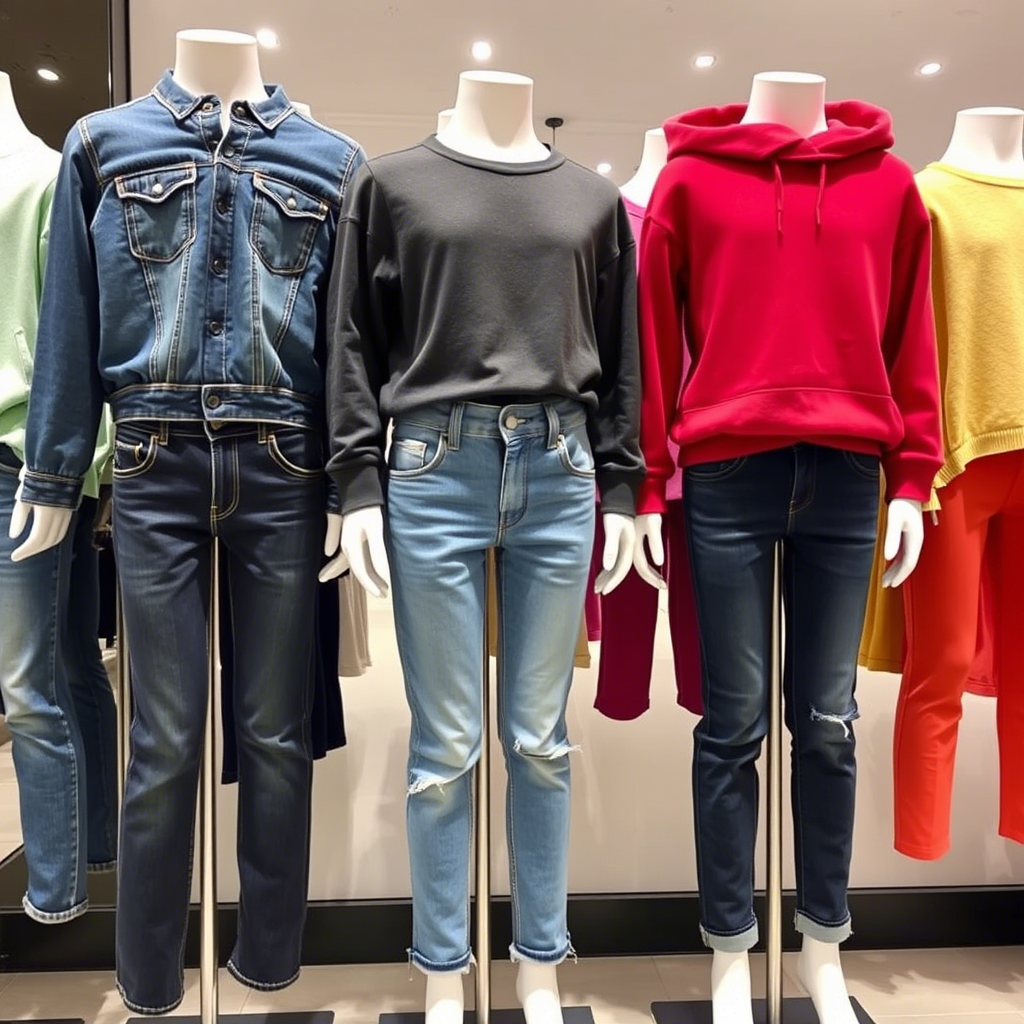 Wholesale kids’ fashion jeans and sweaters on mannequins display