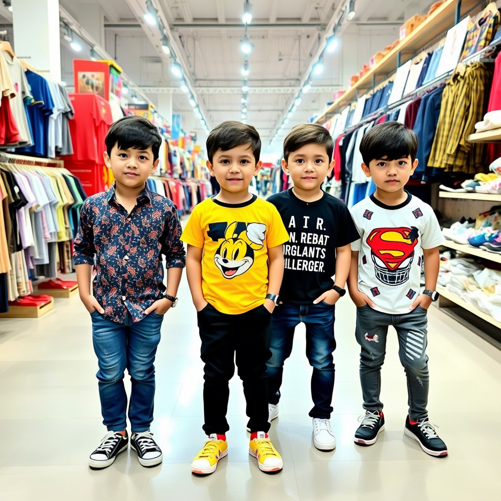 Wholesale kids fashion market with boys in trendy shirts