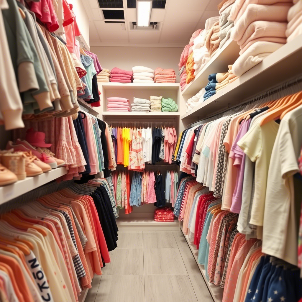 Wholesale kids’ fashion store with neatly arranged clothing shelves