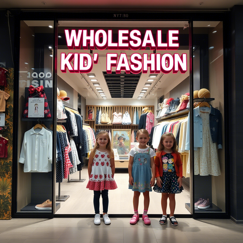 Wholesale kids fashion storefront with stylish clothing displays and happy children models