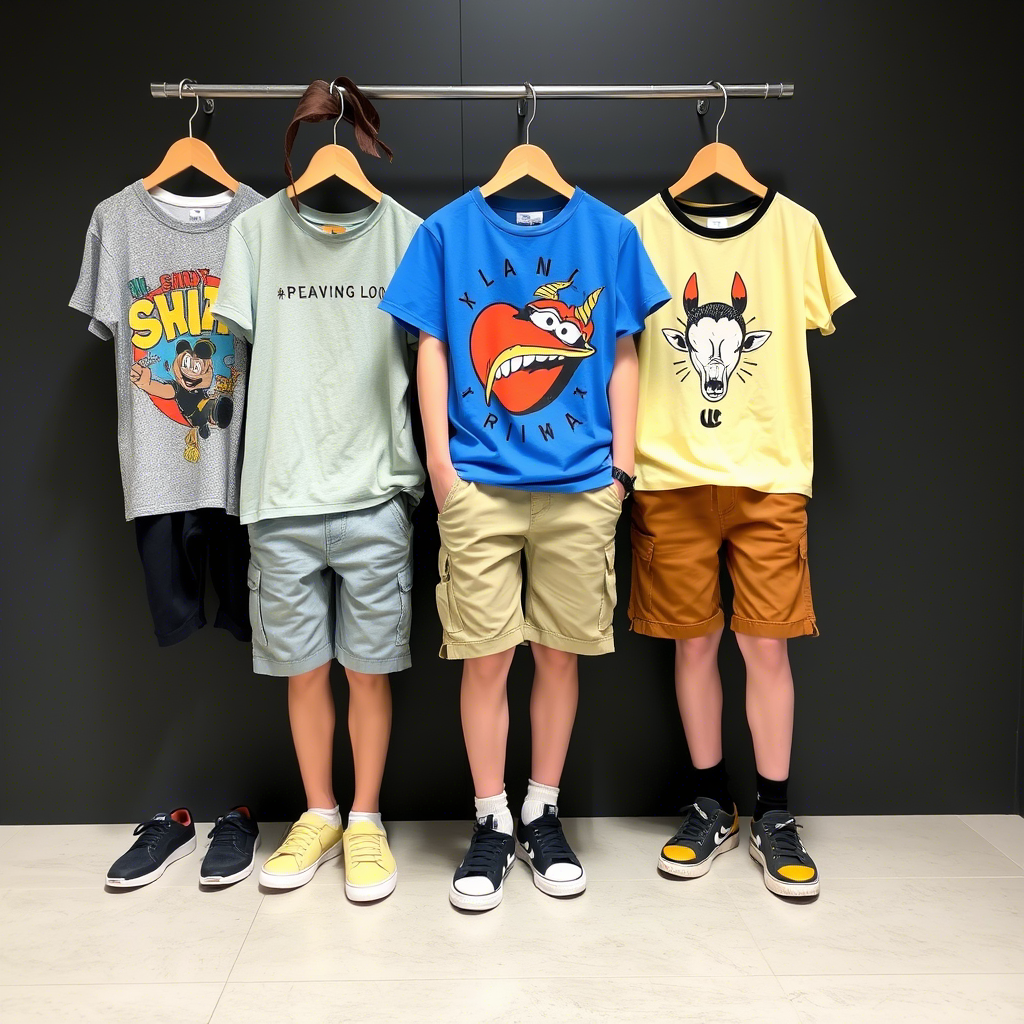 Wholesale kids’ fashion with assorted boys’ shorts and graphic T-shirts