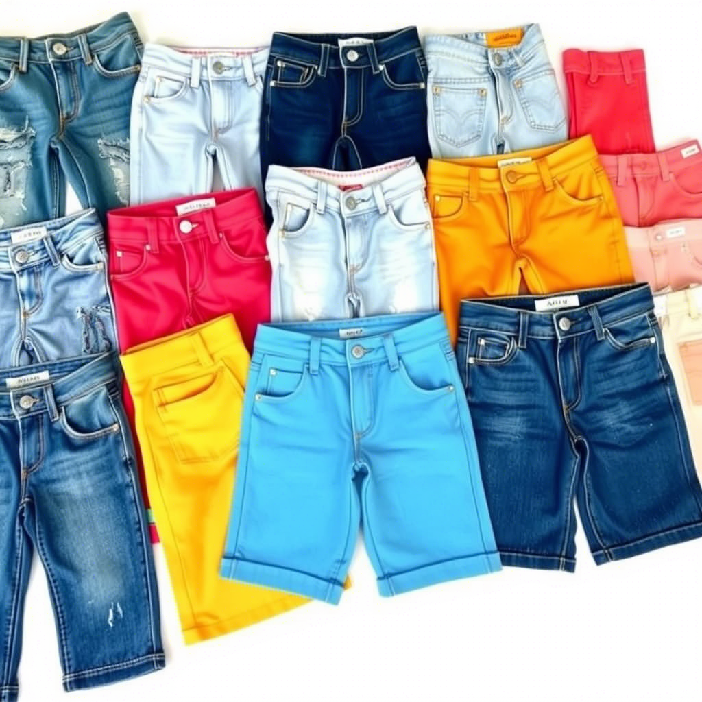 Wholesale kids’ jeans and shorts bundle with various sizes and colors