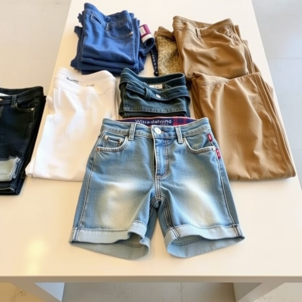 Wholesale kids jeans and shorts neatly folded on a table