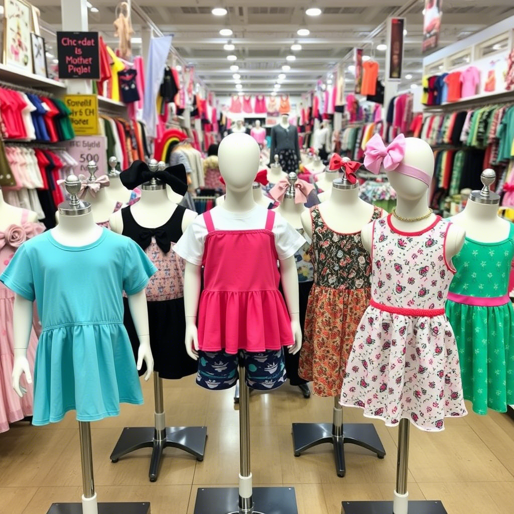 Wholesale kids’ outfits displayed on mannequins in a bustling market