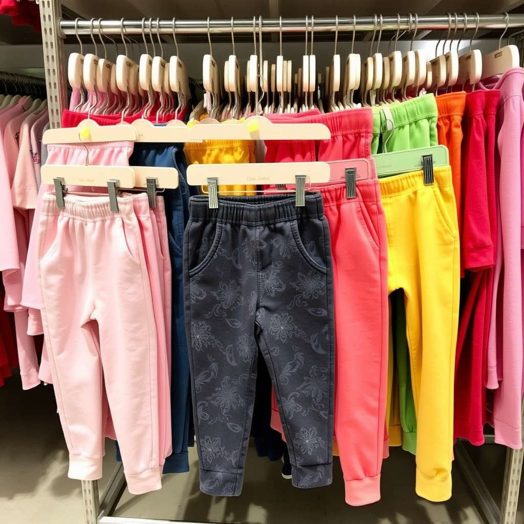 Wholesale kids pants displayed on a clothing rack with varied colors