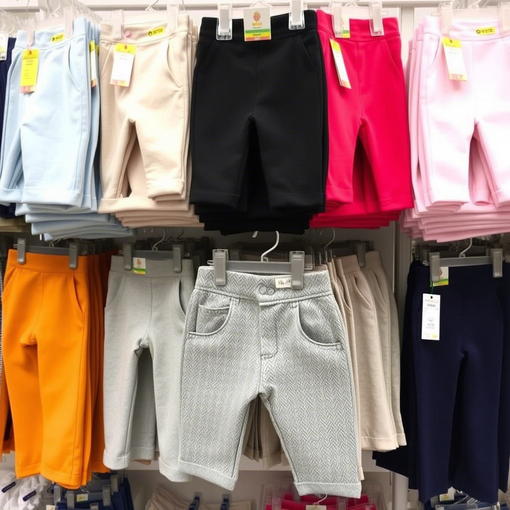 Wholesale kids pants displayed on a rack with colorful tags