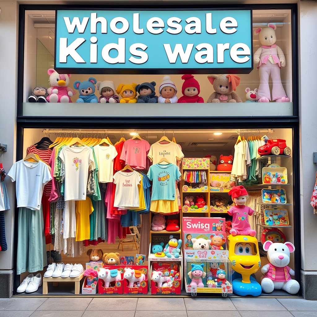 Wholesale kids’ wear and toys arranged in a lively storefront