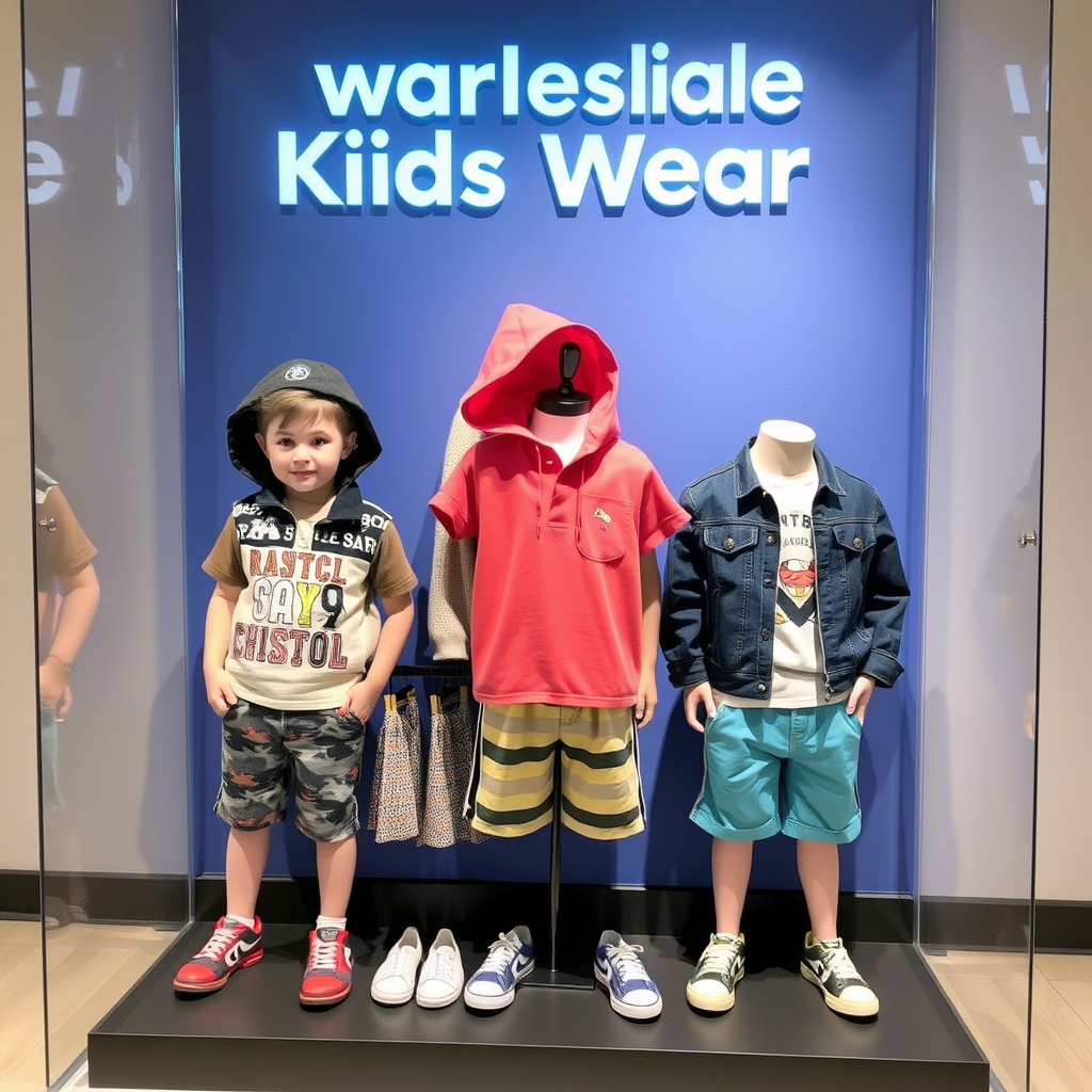 Wholesale kids’ wear display with trendy boy and girl clothing