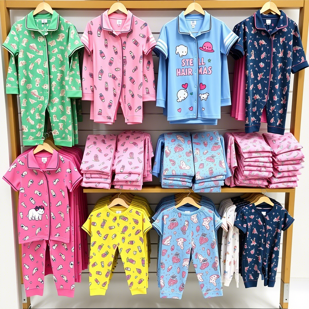 Wholesale lots of colorful kids’ pajama sets displayed