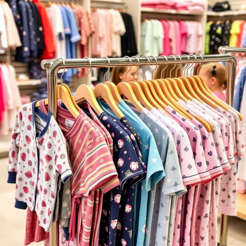Wholesale pajama samples displayed on a rack with kids in background