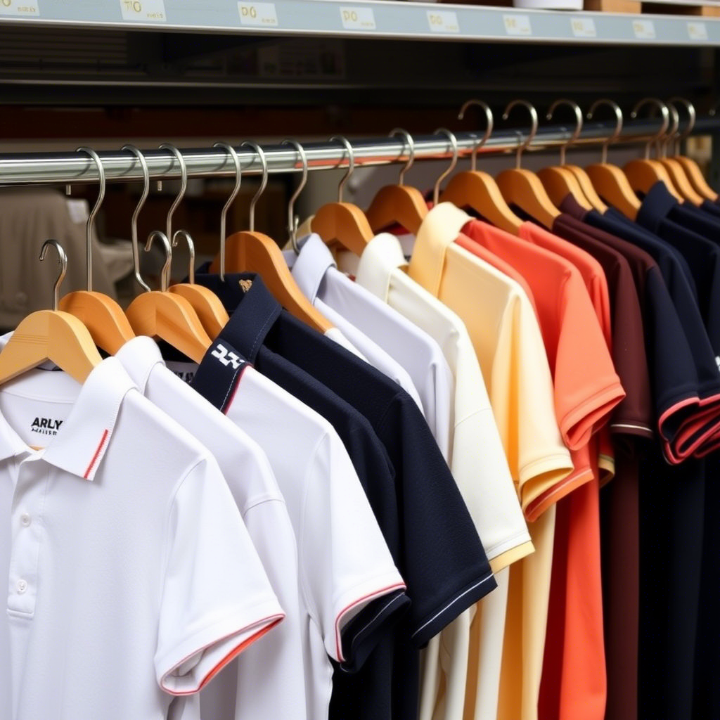 Wholesale polo shirts hanging on a rack in a warehouse