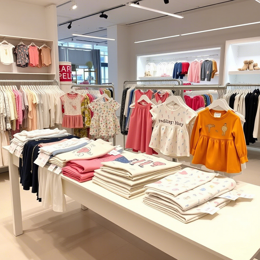 Wholesale toddler clothing samples arranged neatly on a boutique table