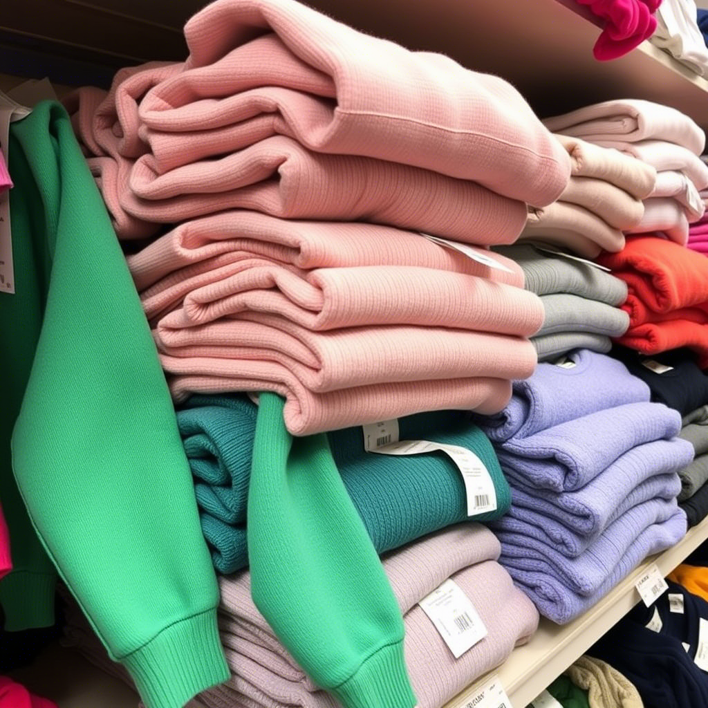 Wholesale toddler sweaters stacked on a store shelf with price tags